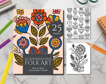 Disegni da colorare floreali scandinavi, disegni da abbinare e mescolare (PDF e JPEG)