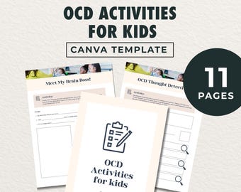 OCD-aktiviteter för barn Canva-mall, terapiarbetsblad för barn, utskrivbar KBT-resurs för psykisk hälsa, redigerbar resurs för skolrådgivning