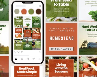 Kit di modelli Canva per la vita in campagna, modelli per post Instagram dedicati all'agricoltura, kit di contenuti per il giardinaggio, modelli di marketing per la vita in campagna