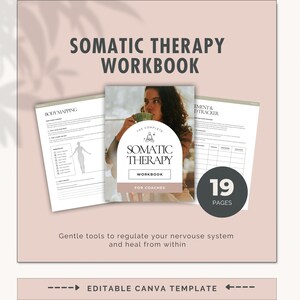 May include: A workbook titled "Somatic Therapy Workbook" with the text "For Coaches." The cover features a woman holding a cup. The image includes pages with the titles "Body Mapping" and "Measurement & Tracker." The workbook has 19 pages.
