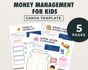 Modello Canva per la gestione del denaro dei bambini, pianificatore di budget, tabella delle faccende domestiche (download digitale)