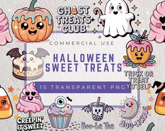 Kawaii Halloween Clipart Bundle: Candy, Ghost, Pumpkin PNGs (Commercial Use, Digital Download
