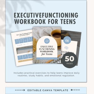 Op de afbeelding: Een werkboek getiteld "EXECUTIVE FUNCTIONING WORKBOOK FOR TEENS" met een lichtblauwe achtergrond. De omslag heeft een wit en blauw ontwerp met de tekst "EXECUTIVE FUNCTIONING WORKBOOK for Teens". Het werkboek bevat 50 pagina's en praktische oefeningen.