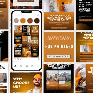 Op de afbeelding: Social media post templates voor schilders, met teksten als "Transformeer uw huis" en "Waarom voor ons kiezen?" Het kleurenschema is voornamelijk oranje en bruin.
