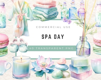 Spa Day Watercolor Digital Pack – Relax, Pamper, Facial, Skincare – PNG Download