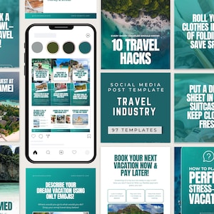 May include: A smartphone displays travel-themed social media templates. The screen shows various posts with travel tips, vacation ideas, and travel hacks. Surrounding the phone are additional social media posts with travel-related text and graphics, all in shades of teal and white.