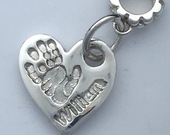Heart handprint personalized silver charm