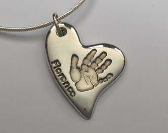 Silver handprint offset Heart Necklace