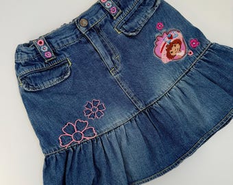 Y2K Charlotte aux Fraises Denim Skirt Size 5 Girls Blue Embroidered Strawberry Shortcake