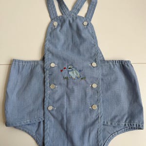 Vintage Baby Club romper – 6–9 months – blue striped dungaree with embroidered elephant