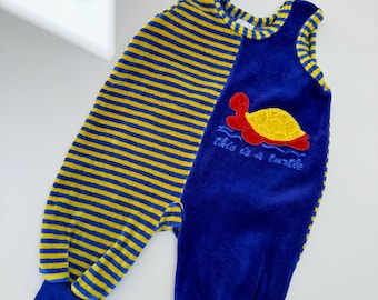 Vintage Velour Baby Romper Size 56 Blue Yellow Striped Turtle Playsuit Retro Baby Outfit