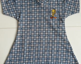 Vintage 1998 Warner Bros. Studio Store Kids Tweety Plaid Dress, 2-3 years