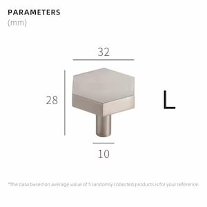 Op de afbeelding: Een zilverkleurige kastknop met een zeshoekige bovenkant, 3,2 cm breed, 2,8 cm hoog en 1 cm diep. De knop heeft een cilindrische basis. De afbeelding bevat de tekst "PARAMETERS (mm)".