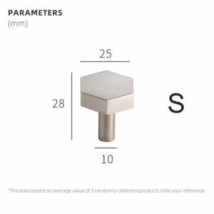 Op de afbeelding: Een zilverkleurige, zeshoekige kastknop met een cilindrische steel. Afmetingen: 2,8 cm hoog, 2,5 cm breed en 1 cm diep. De letter "S" staat rechts van de knop. De tekst "PARAMETERS (mm)" staat bovenaan.
