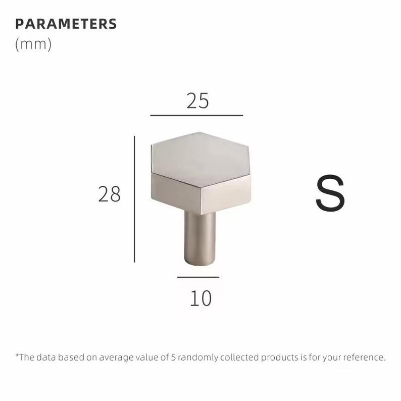 Op de afbeelding: Een zilverkleurige, zeshoekige kastknop met een cilindrische steel. Afmetingen: 2,8 cm hoog, 2,5 cm breed en 1 cm diep. De letter "S" staat rechts van de knop. De tekst "PARAMETERS (mm)" staat bovenaan.