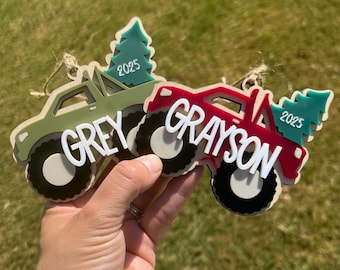 Personalized Monster Truck Ornament , Kids Christmas Ornament, Holiday Monster Truck Bag Tag, Christmas Gift Tag