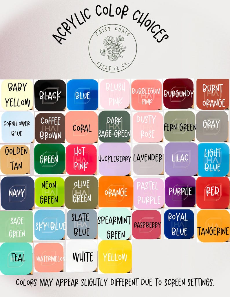 Puede incluir: Una tabla de colores que muestra varias opciones de colores acr&iacute;licos etiquetados con texto que incluye baby yellow, black, blue, blush pink, bubblegum pink, burgundy, burnt orange, cornflower blue, coffee brown, coral, dark sage green, dusty rose, fern green, gray, golden tan, green, hot pink, huckleberry, lavender, lilac, light blue, navy, neon green, olive green, orange, pastel purple, purple, red, sage green, sky blue, slate blue, spearmint green, raspberry, royal blue, tangerine, teal, watermelon, white y yellow.
