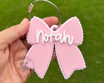 Personalized Acrylic Bow Keychain, Scalloped Bow Keychain, Girly Bag Tag