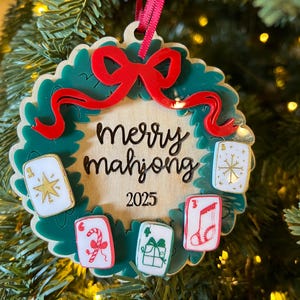 Merry Mahjong Christmas Ornament, Mahjong Holiday Wreath, Mahj Gift Red
