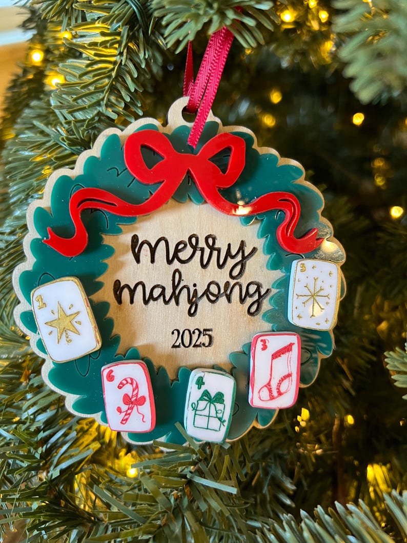 Merry Mahjong Christmas Ornament, Mahjong Holiday Wreath, Mahj Gift Red