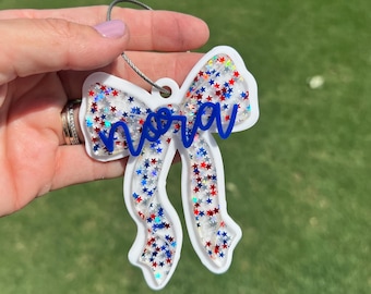 Personalized Patriotic Bow Bag Tag, Patriotic Bag Tag, Personalized Acrylic Name Tags, Pool Bag Tag
