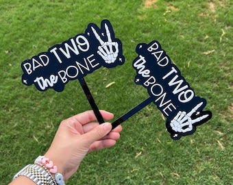 Bad Two the Bone Cake Topper – Acrylic Second Birthday Party Decoration, Halloween Cake Topper