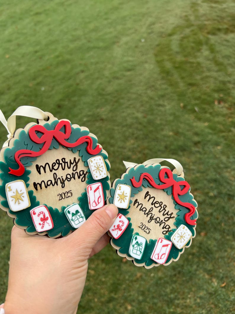 Merry Mahjong Christmas Ornament, Mahjong Holiday Wreath, Mahj Gift image 10