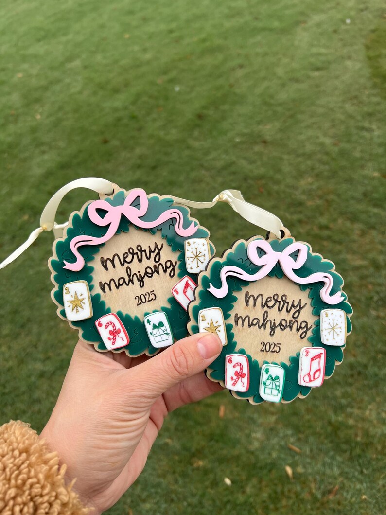 Merry Mahjong Christmas Ornament, Mahjong Holiday Wreath, Mahj Gift image 9