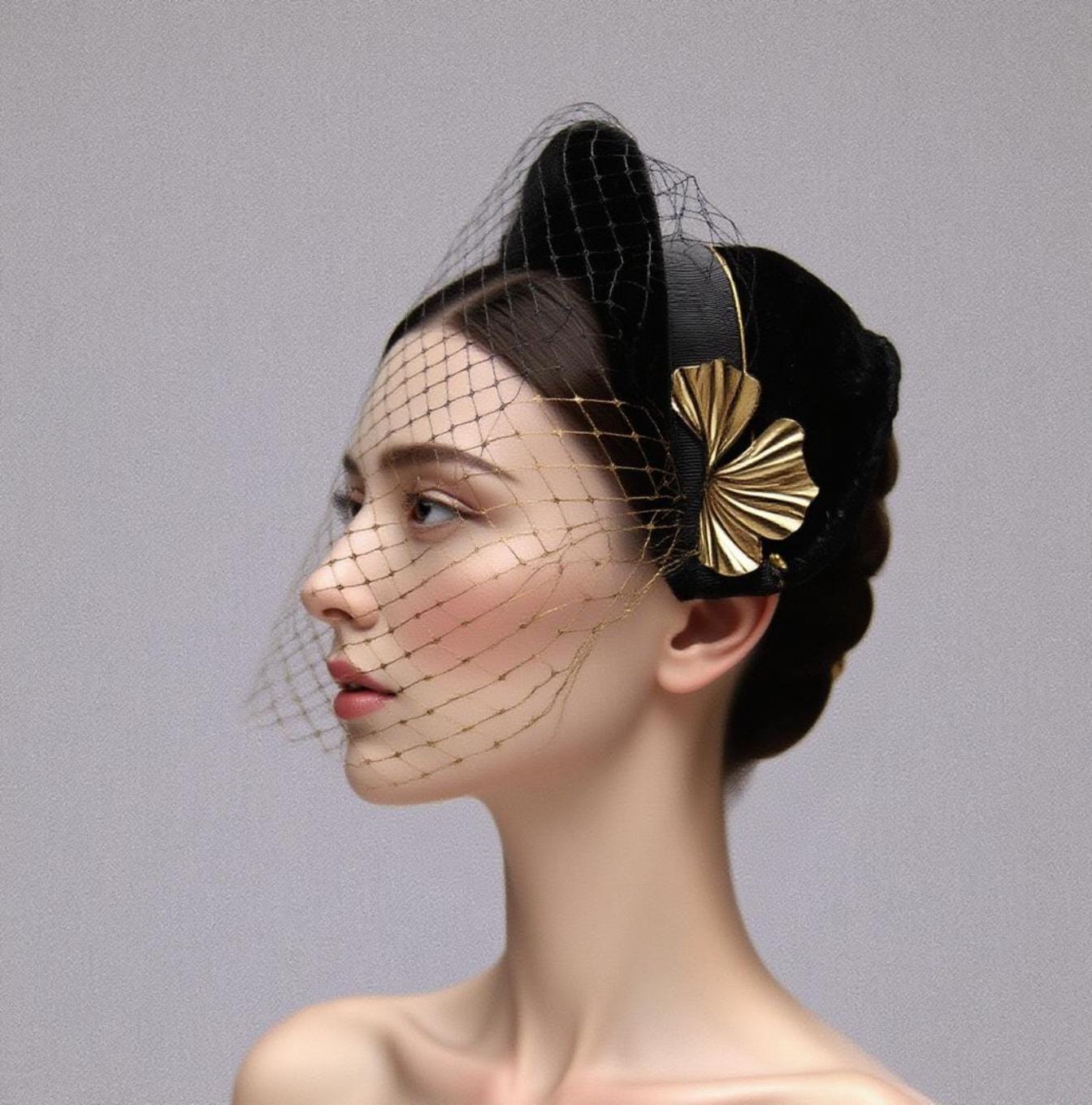 Unique vintage Black and Gold fascinator with veil – Elegant Handmade Headpiece for Weddings, Cocktail Parties & Formal Events