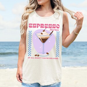 Débardeur martini expresso, chemise cocktail d&#39;été, t-shirt amateur de café, débardeur rétro, chemise vacances à la plage, couleurs confortables, débardeur lac