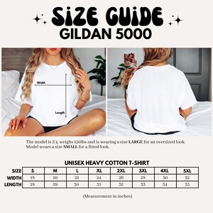 Size chart for Gildan 5000 unisex heavy cotton t-shirts. The chart shows measurements in inches for sizes S through 5XL, including width and length.