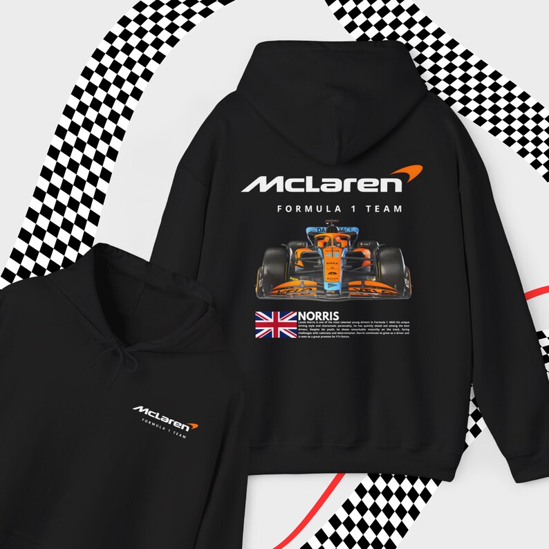 May include: Black hooded sweatshirt with a McLaren Formula 1 Team logo, a racing car graphic, and the text "NORRIS" on the back. The front of the sweatshirt has a smaller McLaren logo.