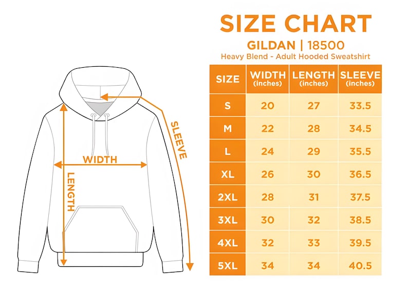 May include: Size chart for a Gildan 18500 heavy blend adult hooded sweatshirt. The chart shows measurements in inches for width, length, and sleeve length for sizes S through 5XL.