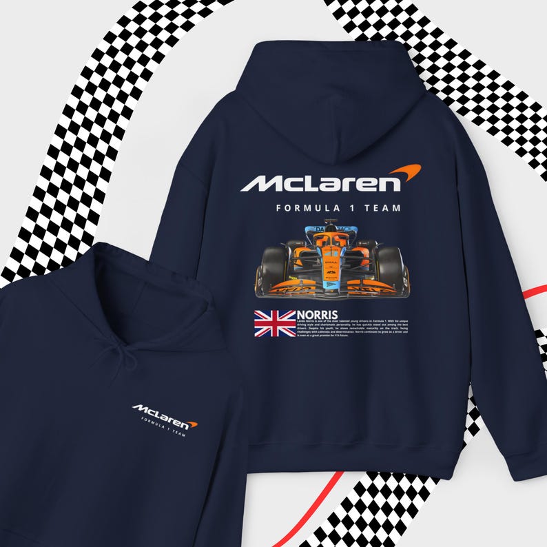 May include: A navy blue hoodie with a McLaren Formula 1 Team logo and a picture of a race car. The hoodie also has a small Union Jack flag and the word "NORRIS" printed on it.