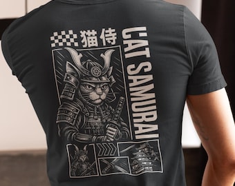 May include: Dark gray t-shirt featuring a detailed illustration of a cat samurai with a katana, wearing traditional armor and helmet. The text "CAT SAMURAI" is printed vertically on the right side, with Japanese characters above the illustration.