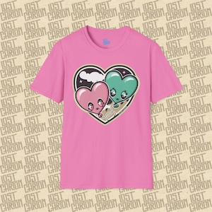 Camiseta kawaii pastel gótica Love Me Knot da Lost Carton, camiseta combinando para casal, design fofo de balão de desenho animado, camiseta para o Dia dos Namorados