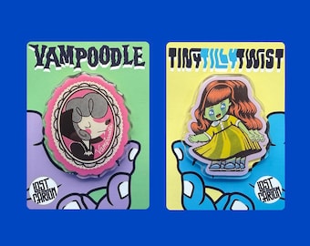 Vampoodle + Tiny Tilly Twist Pin | Acrylic Brooch | Vampire Poodle Creepy Cute Doll Button