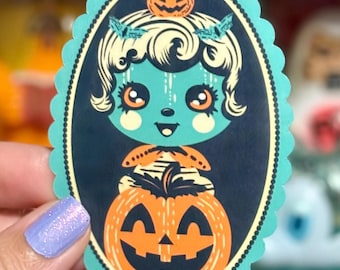 Retro Halloween Girl Sticker | Kawaii Spooky Pumpkin
