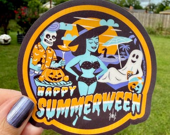 Summerween Beach Party Sticker: Spooky Witch, Ghost, Loch Ness Monster