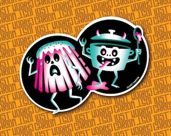 Retro Spooky Midnight Munch Sticker: Devilish Casserole & Jelly Mold