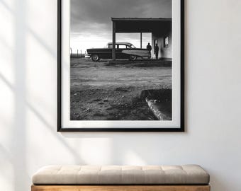 Desert Highway Poster – Black and White Retro Car on Open Road Wall Art