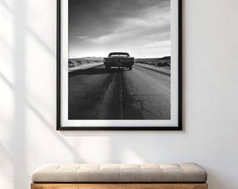 Vintage Car on Road Poster – American Highway Black and White Print