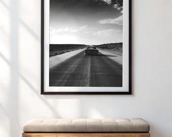 Desert Highway Poster – Black and White Retro Car on Open Road Wall Art
