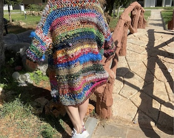 Handgemachter Oversized Häkel Cardigan – Bunter Boho Festival Pullover – Einzigartige Hippie Kleidung –