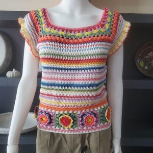 handmade colorful crochet blouse -boho festival top eith floral granny square detail