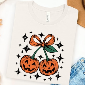 Coquette Halloween T-Shirt: Pumpkin Cherries Bow Retro Fall Tee