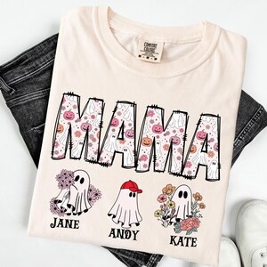 Personalized Halloween Mama T-Shirt: Comfort Colors Custom Kids Names Tee