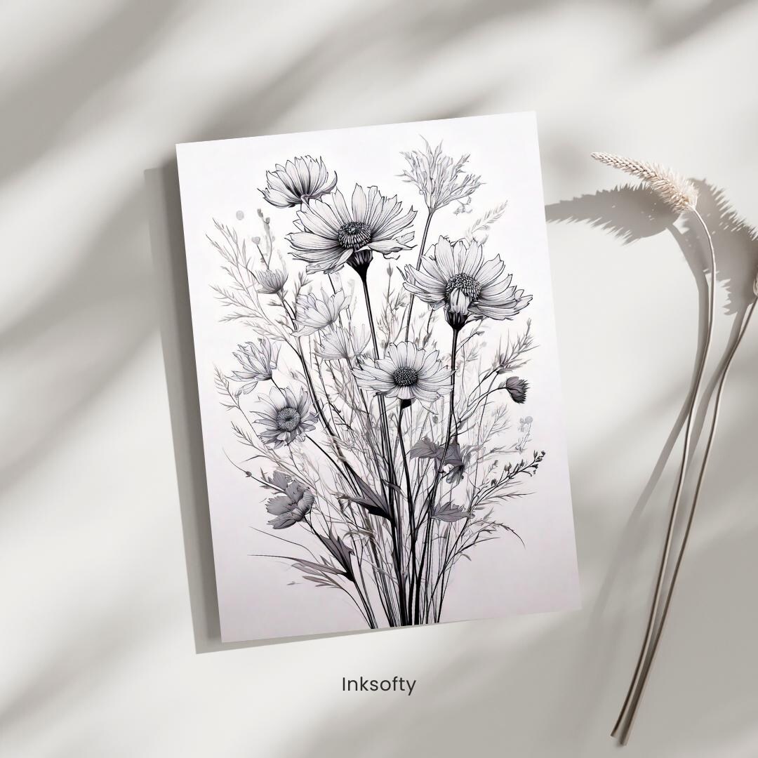 Minimalist Wildflower Line Art Print – Black and White Botanical Decor ...