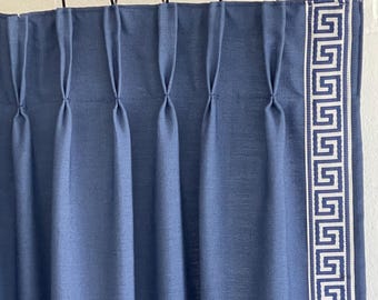 Linen Pinch Pleat Curtain Panel with Greek Key Trim - Blackout or Privacy Lining