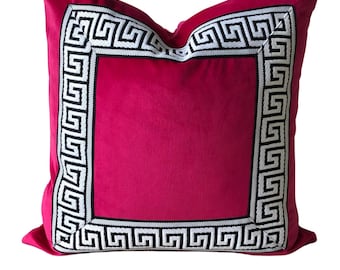 Hot Pink Velvet Pillow Cover, Greek Key Trim, Designer Throw